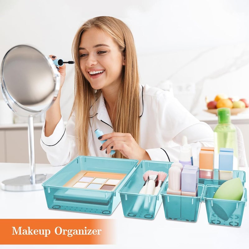 SpaceHacks 25 PCS Plastic Drawer Organizer Set, 4-Size Versatile Organizer Trays & storage Bins for Makeup, Jewelry, and Gadgets in Bathroom, Bedroom and Office, Sea Blue - Image 5